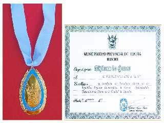 Medal to President <nobr><strong><b>Kim Il Sung</b></strong></nobr>-Medal of Honorary Citizen of Huaura Huacho and certificate November 26, Juche88(1999), Peru